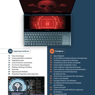 Computador portátil com dois ecrãs, um com crânio pixelizado vermelho e outro com desenho de cadeado vermelho.