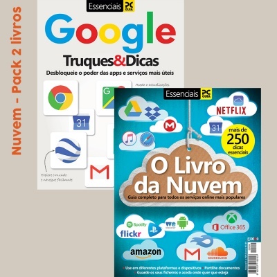 Dois livros sobre tecnologia, 'Google Truques & Dicas' e 'O Livro da Nuvem', com vários ícones de apps e serviços online.