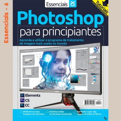 Capa de livro 'Photoshop para principiantes' com imagem digital e texto sobre uso do programa.