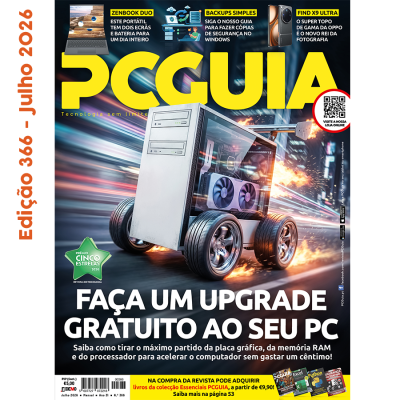 Revista PCGuia julho 2026 com imagem de computador em caixa metálica com rodas