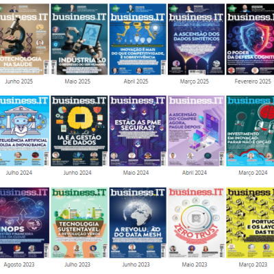 Capas coloridas da revista business.IT com textos sobre tecnologia e inovação, organizadas em três linhas sobre fundo branco