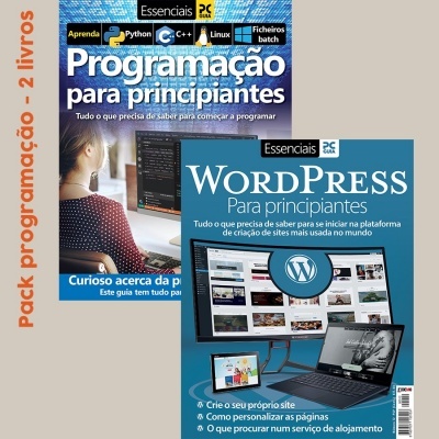 Dois livros sobre programação para iniciantes, um sobre Programação geral e outro sobre WordPress, com capas azuis e textos educativos.