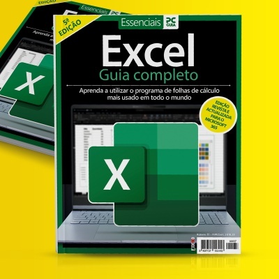 Capa de livro Excel Guia completo com logo do Excel e laptop sobre fundo amarelo