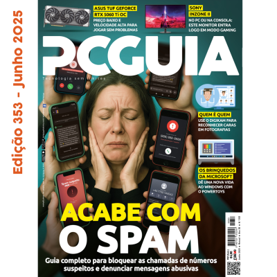 Capa da revista PCGuia de junho 2023 com smartphones e texto sobre spam