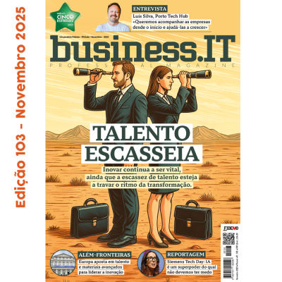 Capa da revista business.IT com ilustração de profissionais de negócio e textos sobre talento e inovação