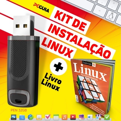 Pen USB preta 32GB e livro Linux para principiantes sobre fundo amarelo com texto promocional
