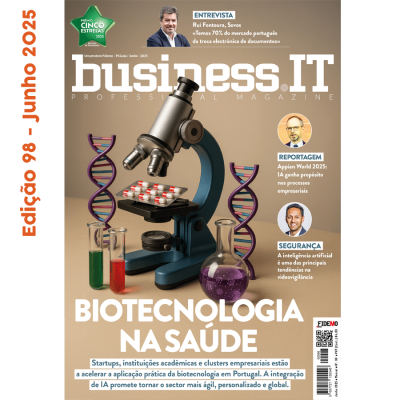 Capa de revista business IT com microscópio, tubos de ensaio coloridos e modelos de DNA