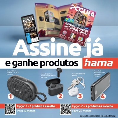 Promoção da revista PcGuia com produtos Hama para assinatura, incluindo coluna, auscultadores, finder e powerbank
