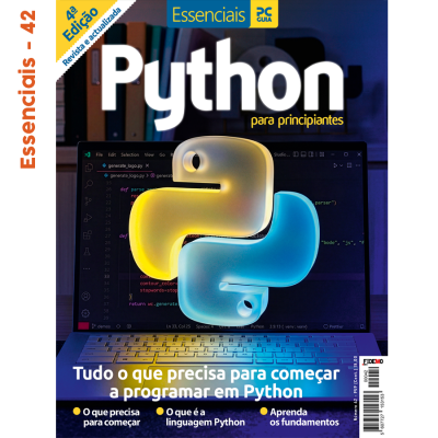 Capa de revista PC Guia Essenciais Python para principiantes com código num ecrã e texto informativo
