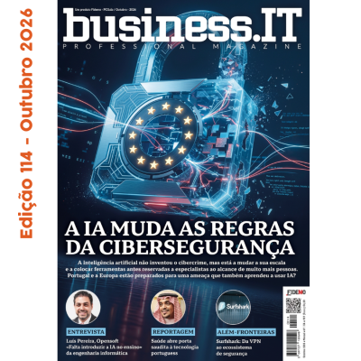 Capa da revista business.IT com cadeado digital e texto sobre cibersegurança e inteligência artificial