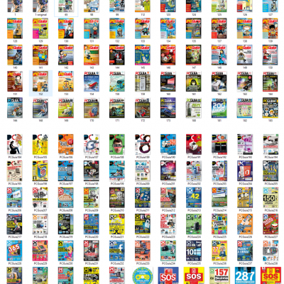 Capas variadas da revista PC Guia com textos, cores e imagens diferentes.