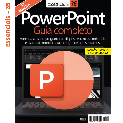 Capa de revista PowerPoint Guia completo com logo PowerPoint em círculo laranja