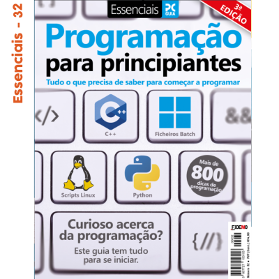 Capa de livro sobre programação para principiantes com ilustrações de teclas de teclado e ícones de linguagens de programação.