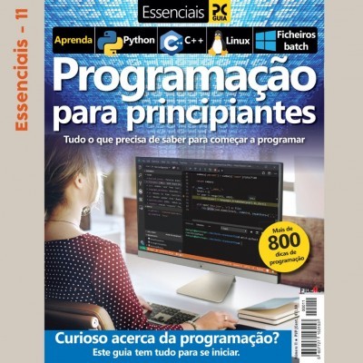 Capa de revista com tema programação para principiantes e linguagens Python, C++, Linux, ficheiros batch.