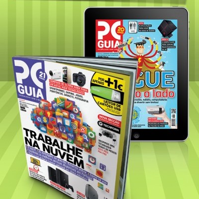 Revistas PC GUIA digitais e impressas sobre tecnologia num fundo verde