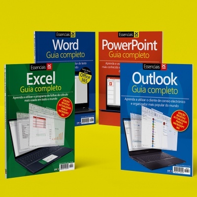 Quatro livros didáticos coloridos sobre programas informáticos Essenciais PC: Word, PowerPoint, Excel e Outlook, com selo de edição atualizada para 365.