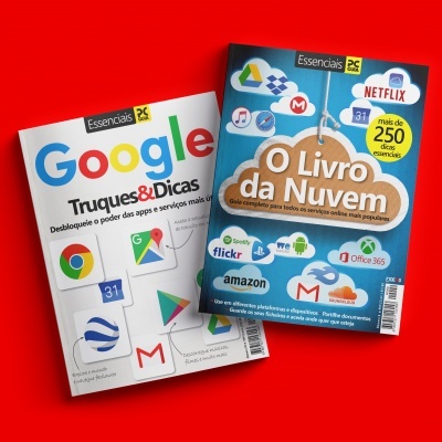 Dois livros sobre serviços digitais com capas coloridas, um com tema Google e outro sobre serviços na nuvem, sobre fundo vermelho.