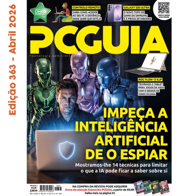 Capa revista tecnológica PCGuia abril 2026 com tema inteligência artificial e imagens de robôs e homem com laptop.