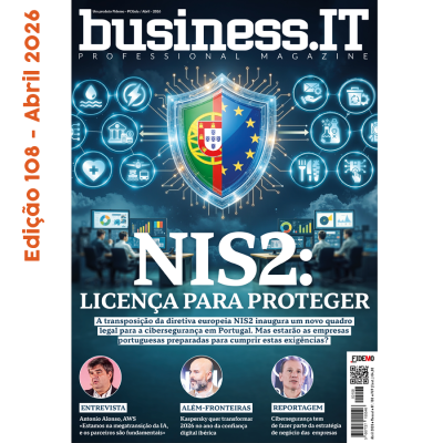 Capa da revista business.IT com tema NIS2, escudo Portugal e UE, e fotos de três entrevistados