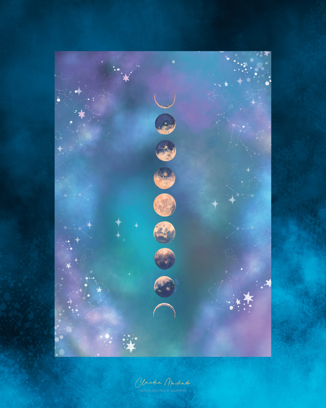 Póster com fases da lua e fundo estrelado em azul e roxo