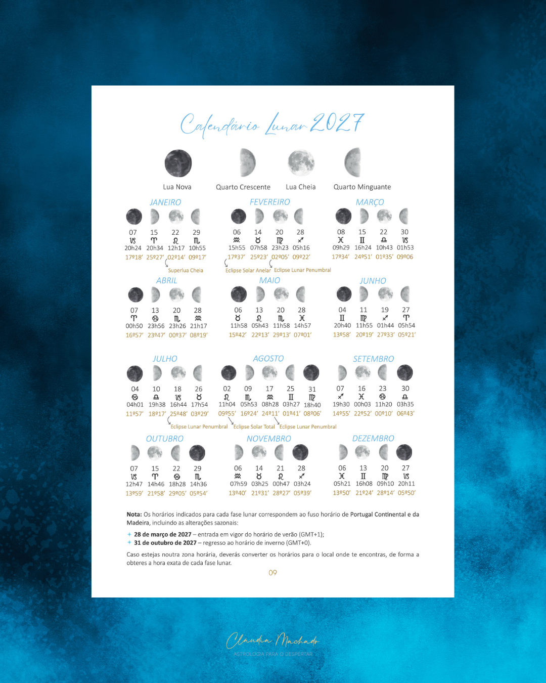 Calendário Lunar 2027 com fases da lua e informações astrológicas