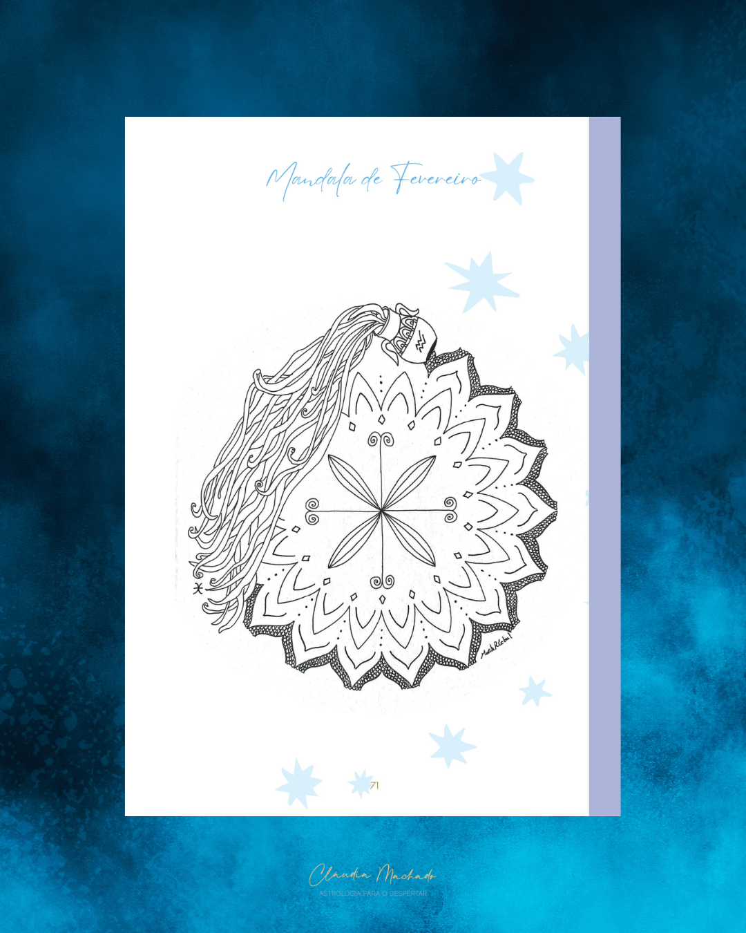 Mandala em preto e branco com texto Mandala de Fevereiro e fundo azul texturizado