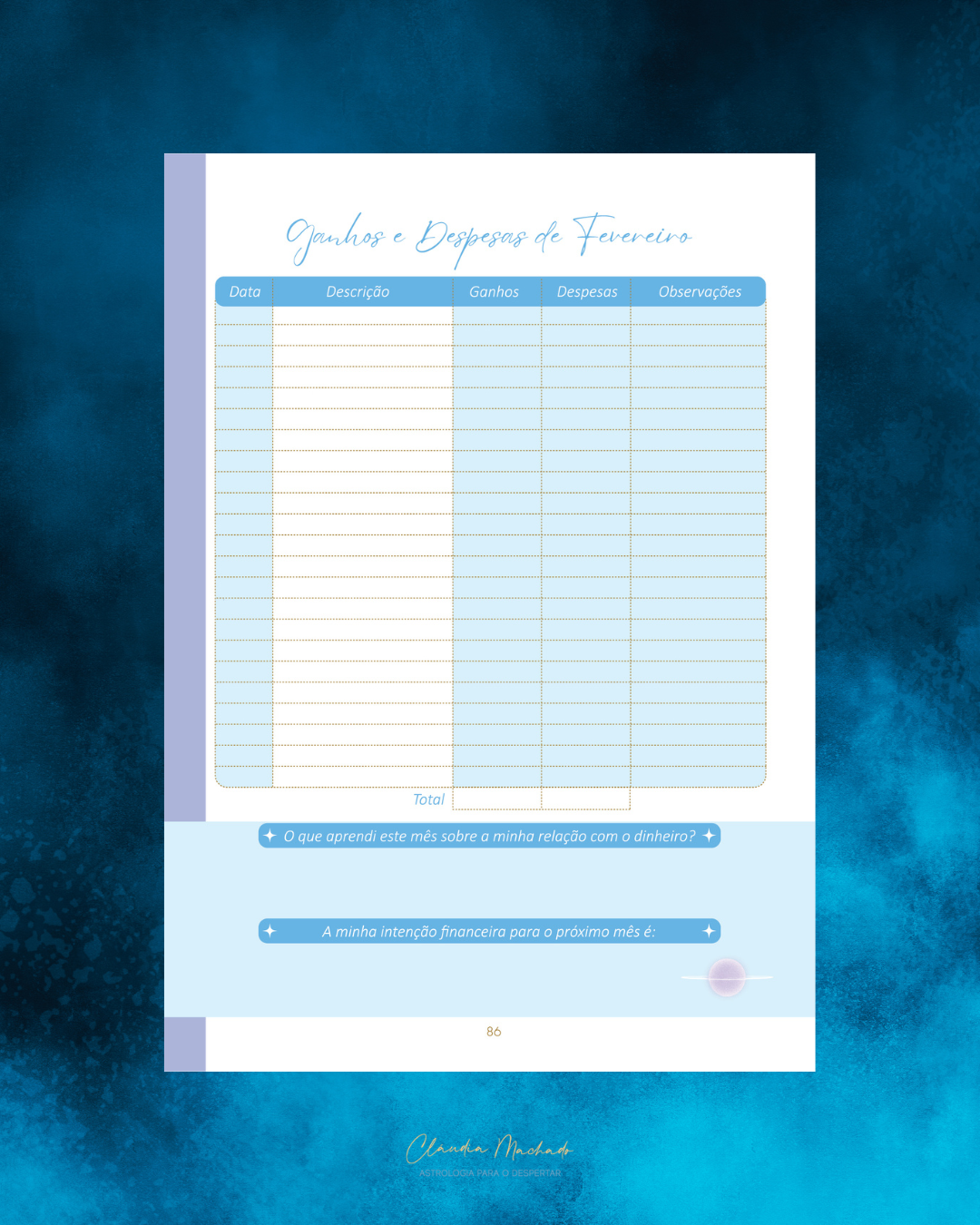 Planner financeiro com tabela e fundo azul para organizar ganhos e despesas de fevereiro.