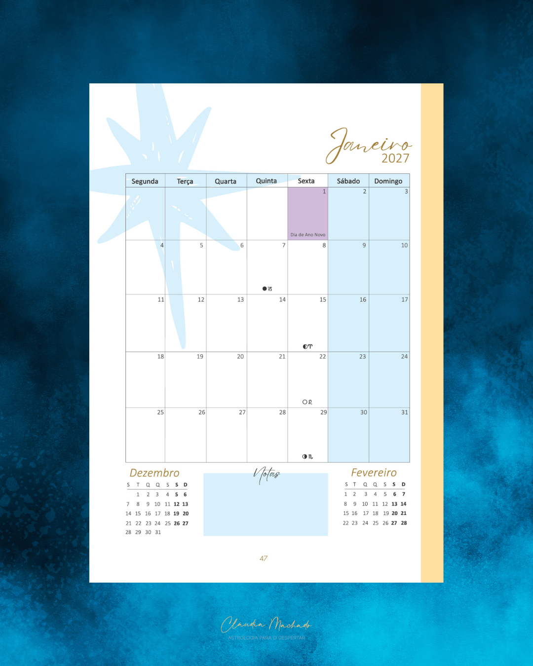 Calendário de janeiro 2027 com tema azul e informações astrológicas.