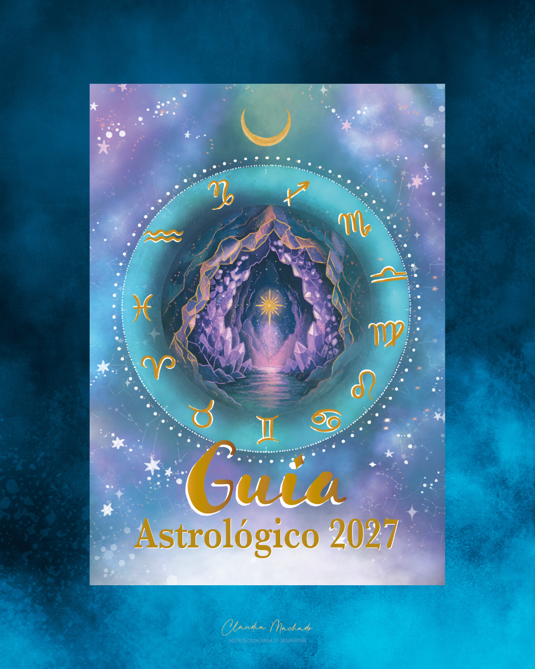 Capa de guia astrológico 2027 com símbolos do zodíaco e caverna de cristais roxos