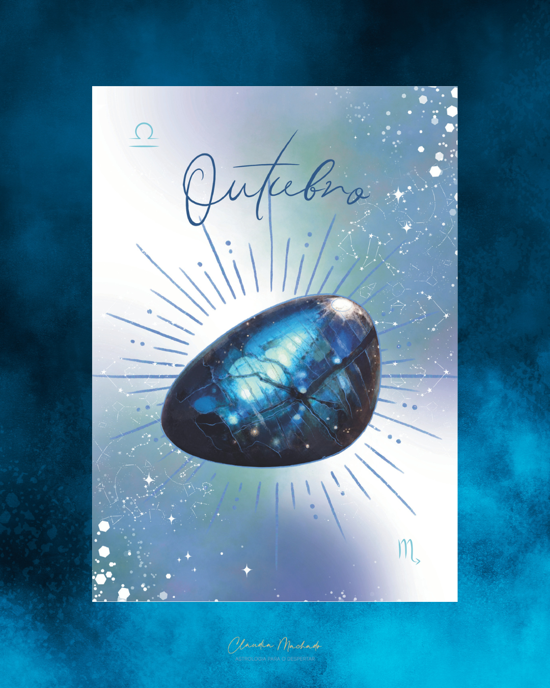 Imagem digital de pedra azul brilhante com texto Outubro e símbolos astrológicos num fundo estrelado em tons de azul