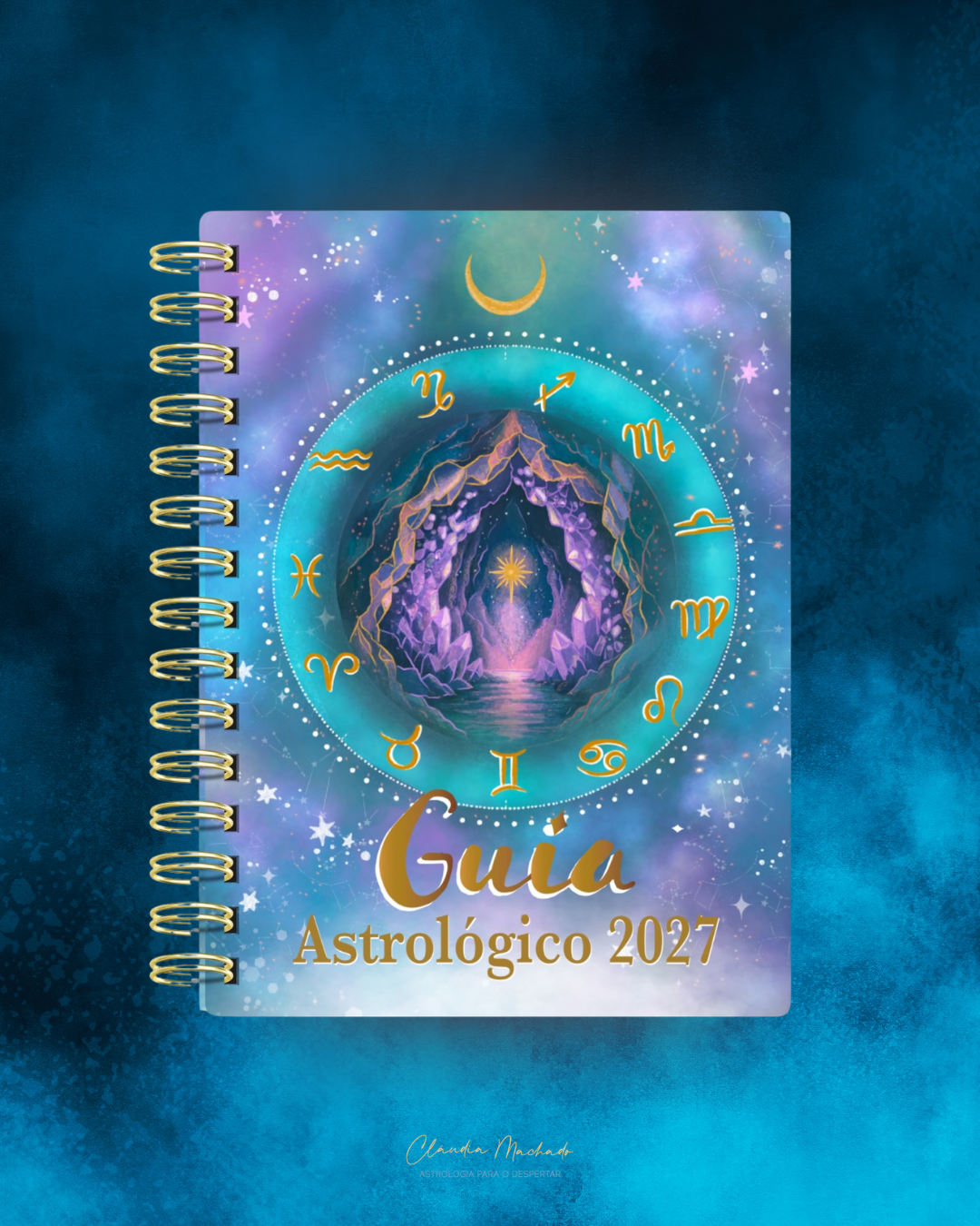 Capa colorida de agenda espiralada com símbolos do zodíaco e texto astrológico