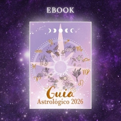 Capa do eBook Guia Astrológico 2026 com símbolos do zodíaco e fundo roxo estrelado
