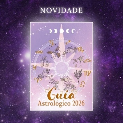 Capa de Guia Astrológico 2026 com símbolos astrológicos e fundo roxo estrelado