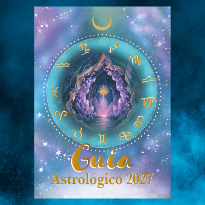 Capa de guia astrológico 2027 com símbolos do zodíaco e caverna de cristais roxos