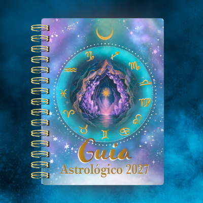 Capa colorida de agenda espiralada com símbolos do zodíaco e texto astrológico