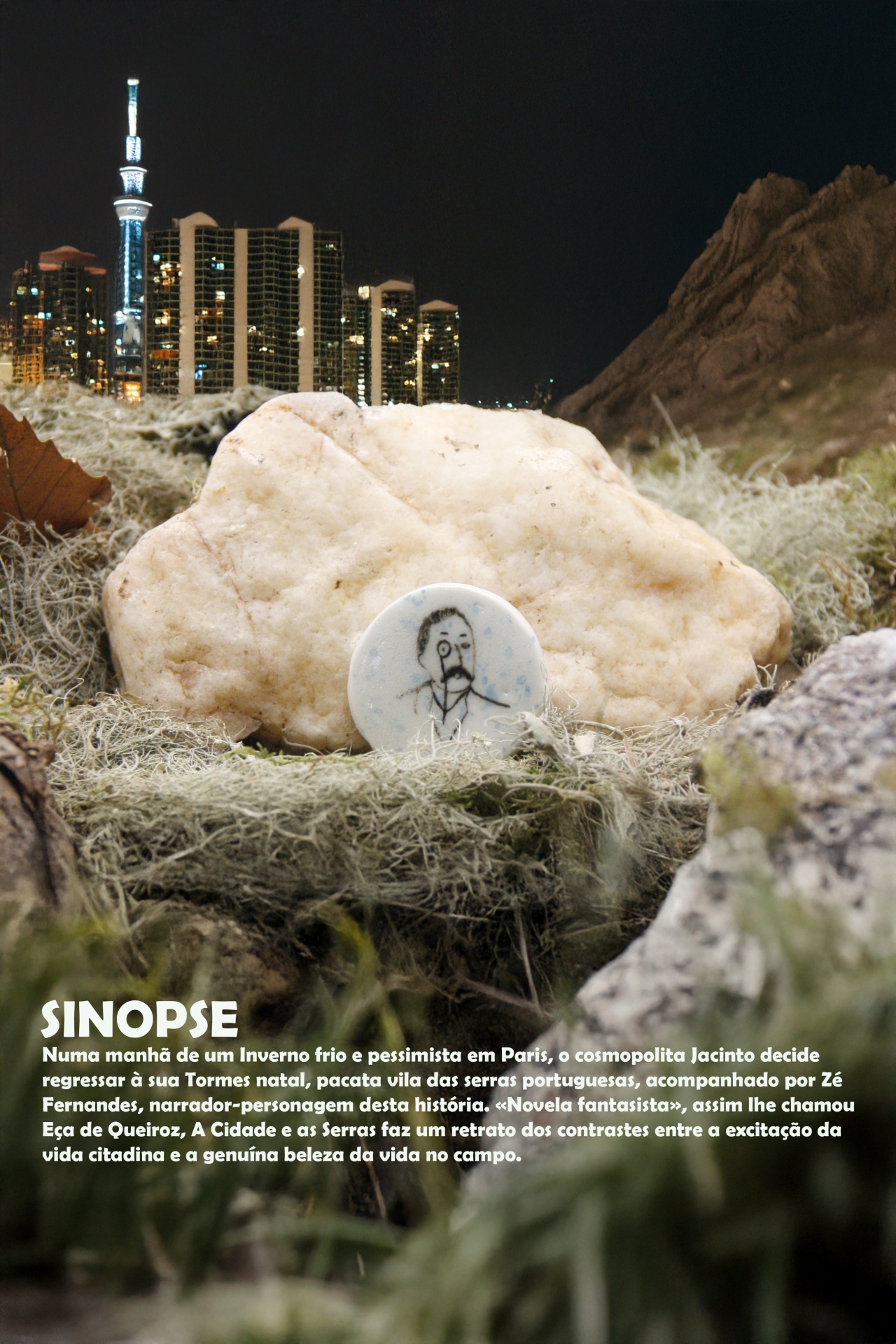 Eça de Queiroz (circular) Pedra branca com moeda desenhada e musgo à noite com cidade iluminada ao fundo