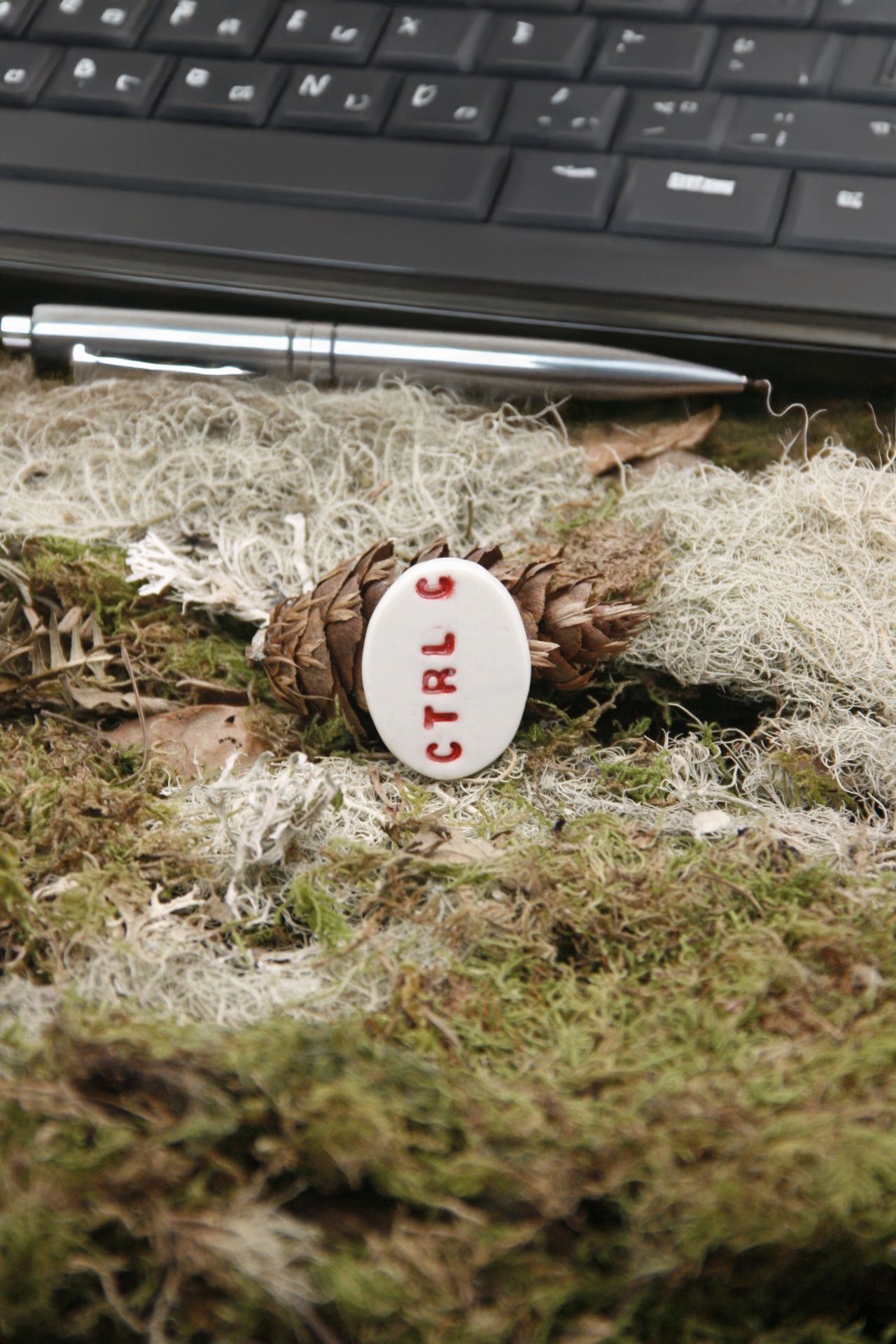 Controlo C Pin oval branco com CTRL G em vermelho sobre musgo e líquenes com teclado e caneta ao fundo