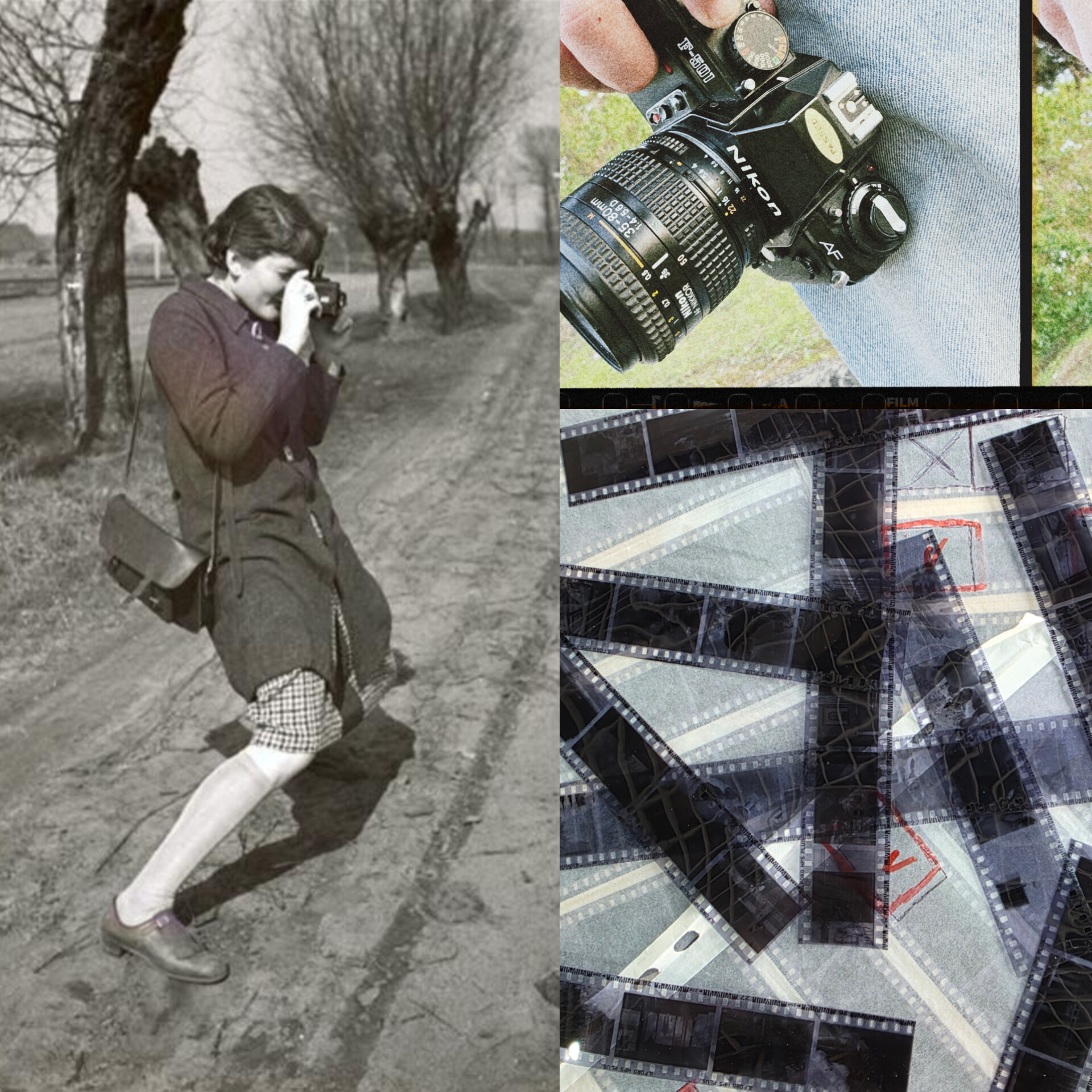Passeios ao ar livre com câmera analógica.(Diurno) Nós emprestamos a máquina fotografica. Mulher com câmara vintage, câmara Nikon com lente 35-80mm e negativos fotográficos