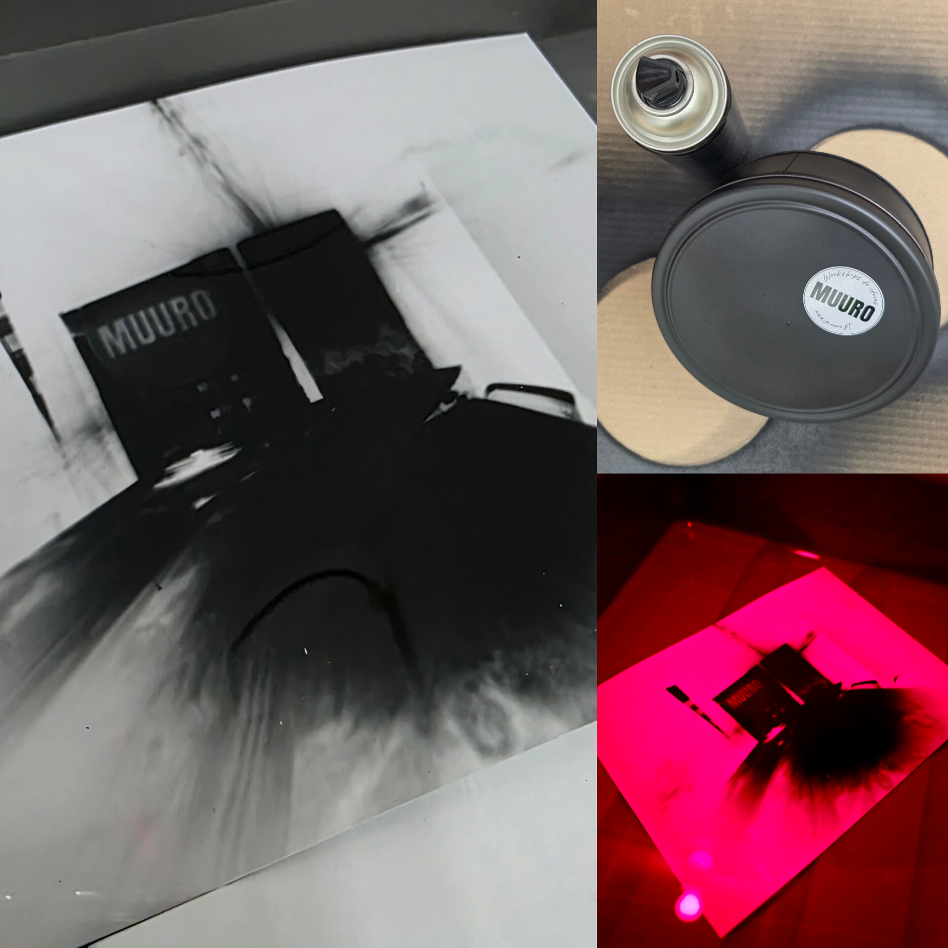 Pin-Hole. Construção e fotografia através de uma caixa + Coffee Break Stencil MUURO preto e branco, lata de spray preta e objeto cilindríco preto com etiqueta MUURO