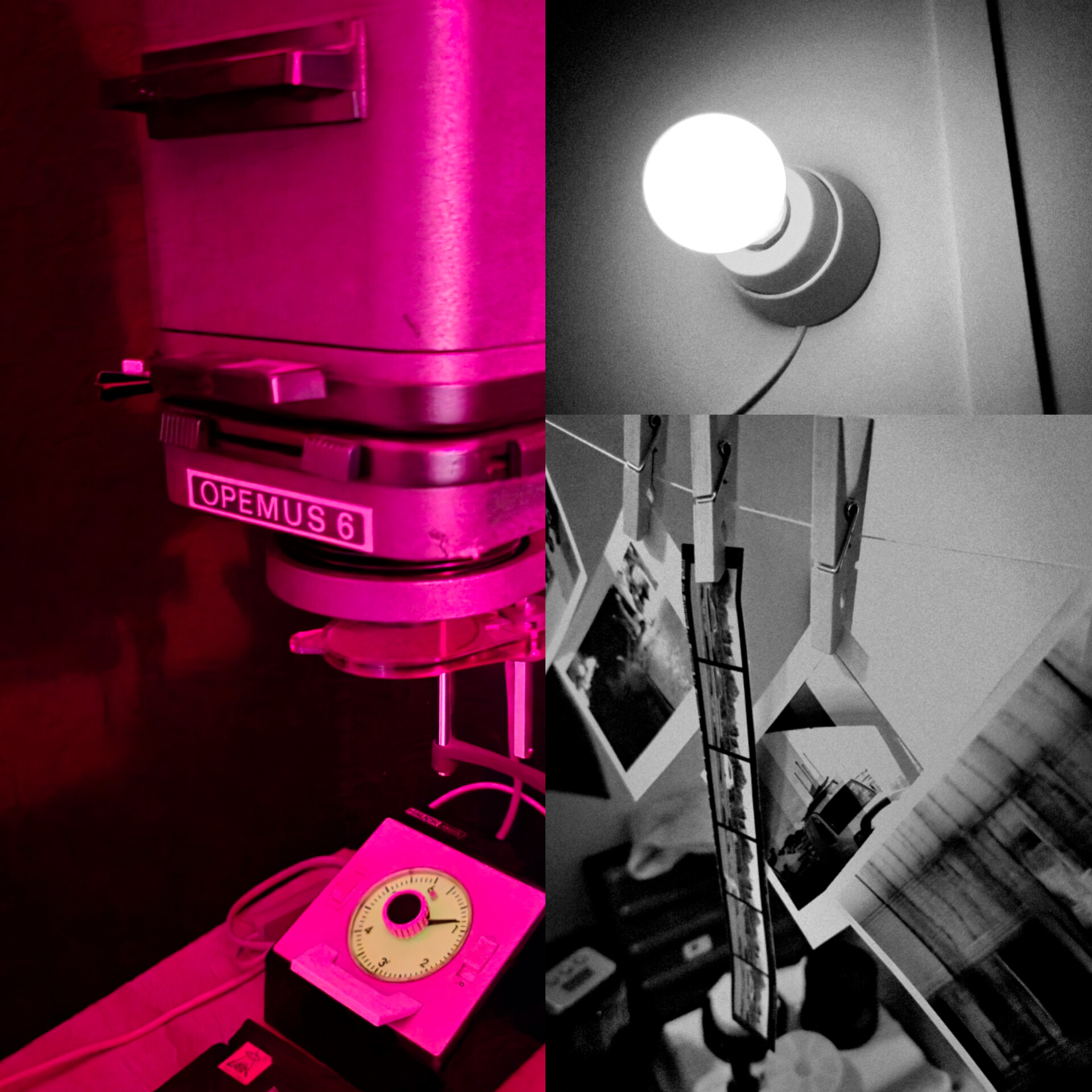 Workshop "A Impressão do papel fotográfico". Nós disponibilizamos o papel e a película para a impressão Ampliadora OPemus 6, lâmpada acesa e fotos penduradas com pregadores