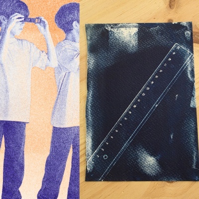 Ilustração de crianças e papel preto com régua transparente sobre madeira clara