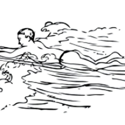 Desenho a preto e branco de rapaz deitado numa prancha de surf entre ondas