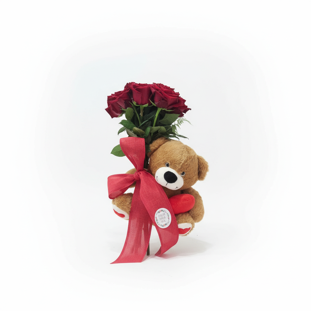 Buquê de rosas vermelhas com urso de pelúcia e laço vermelho