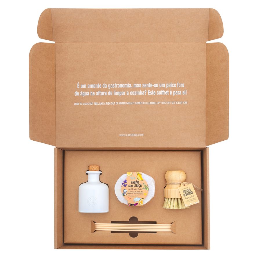 Pack de limpeza de cozinha com frasco branco, sabonete, escova de bambu e varetas