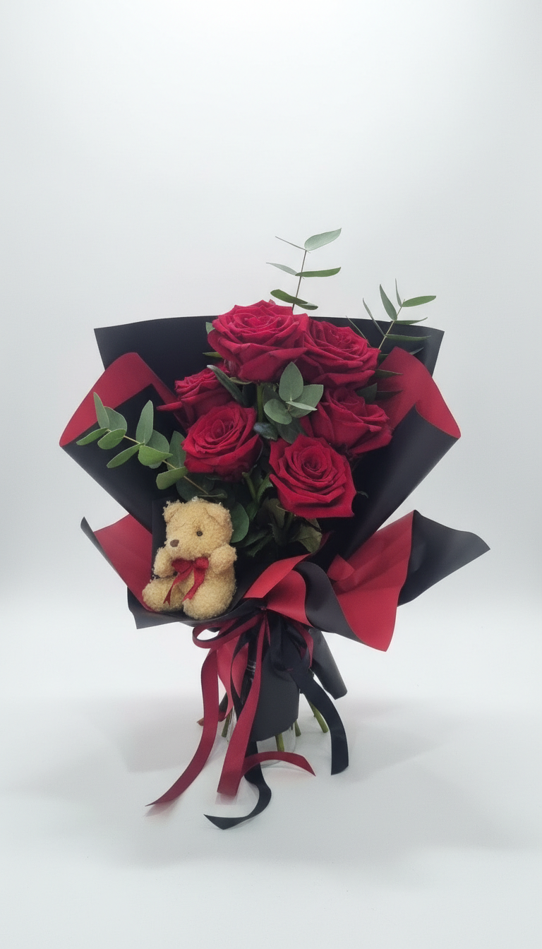 Buquê de rosas vermelhas com folhas verdes, papel preto e vermelho, laço e ursinho de peluche.