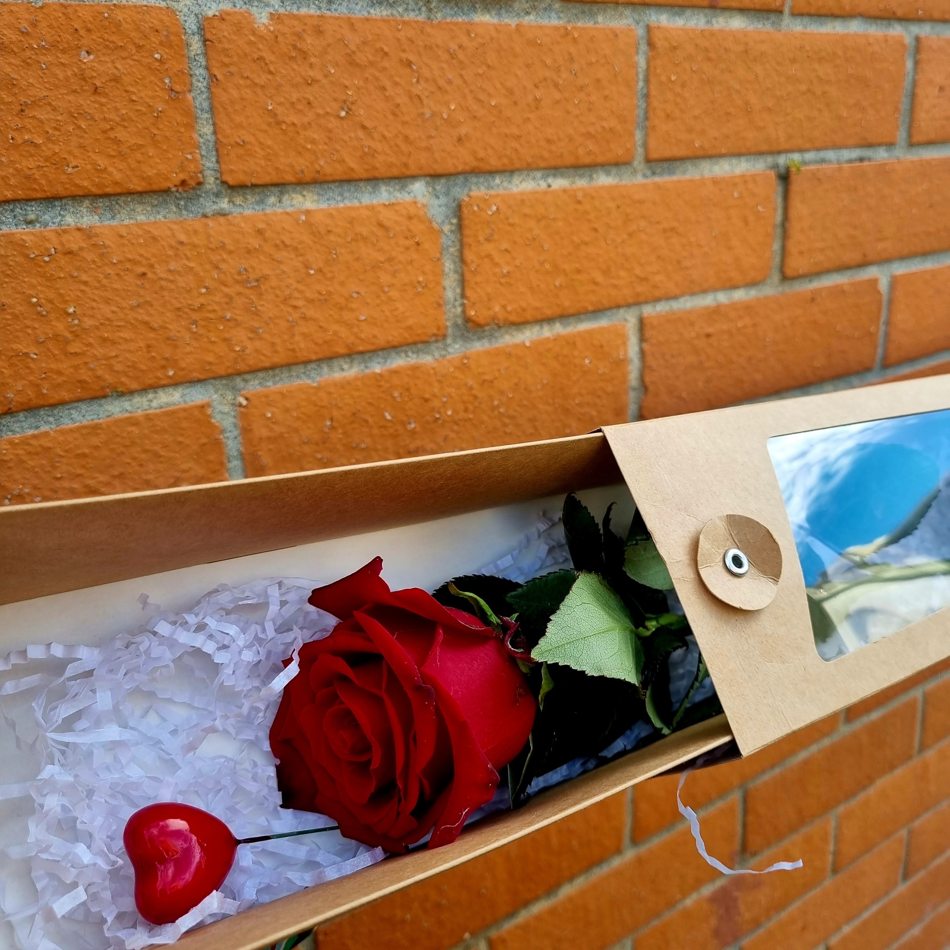 Caixa de oferta com rosa vermelha e enchimento branco sobre fundo de parede de tijolos alaranjados