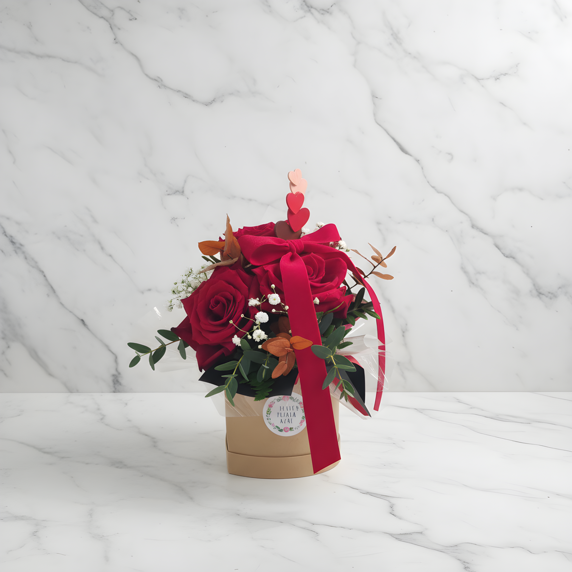 Arranjo floral com rosas vermelhas e laço vermelho numa caixa dourada sobre superfície branca