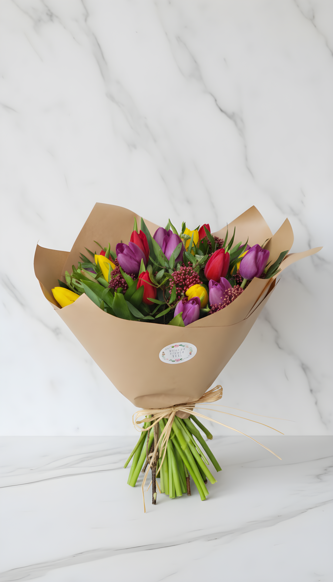 Buquê de tulipas vermelhas, roxas e amarelas em papel castanho