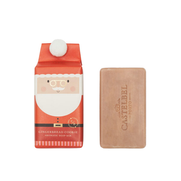 Sabonete CASTELBEL formato barrinha e embalagem vermelha com design de Pai Natal e pompom branco