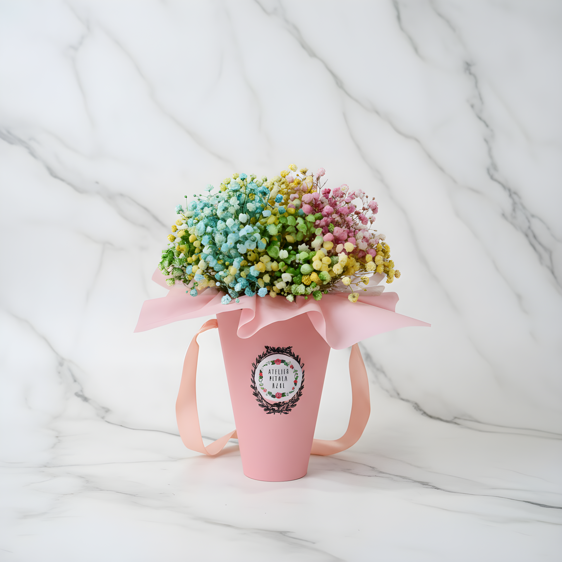 Bouquet colorido de flores pequenas em embalagem rosa com etiqueta ATELIÊ FITALA AZ4L